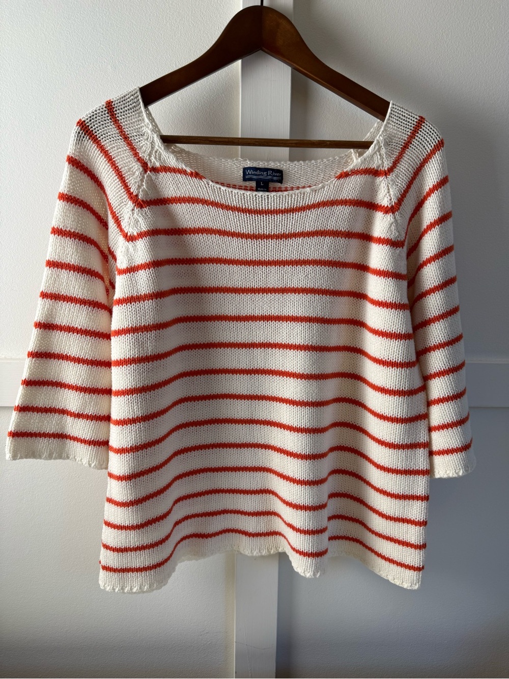 Cream and Coral Striped Knit Sweater